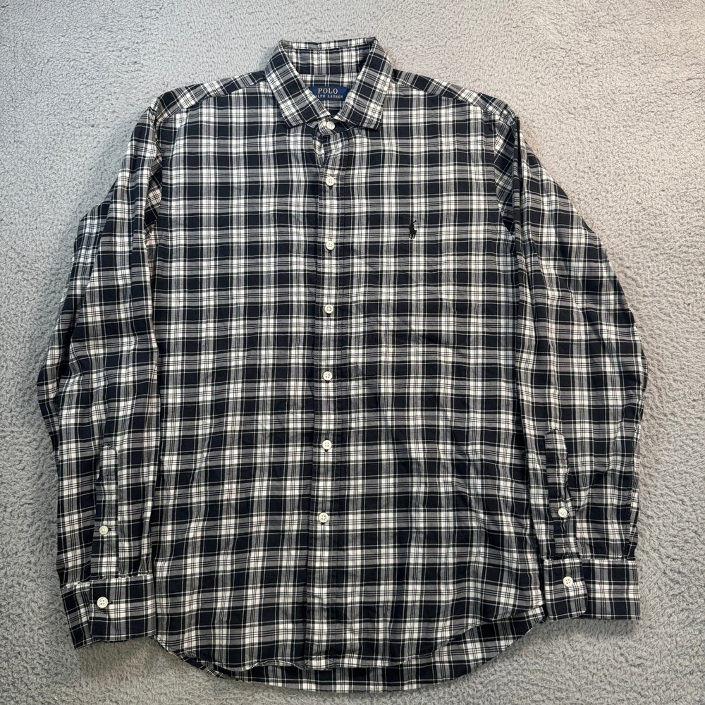 Polo Ralph Lauren Mens Large Black White Plaid Long Sleeve Button Up Shirt 11077